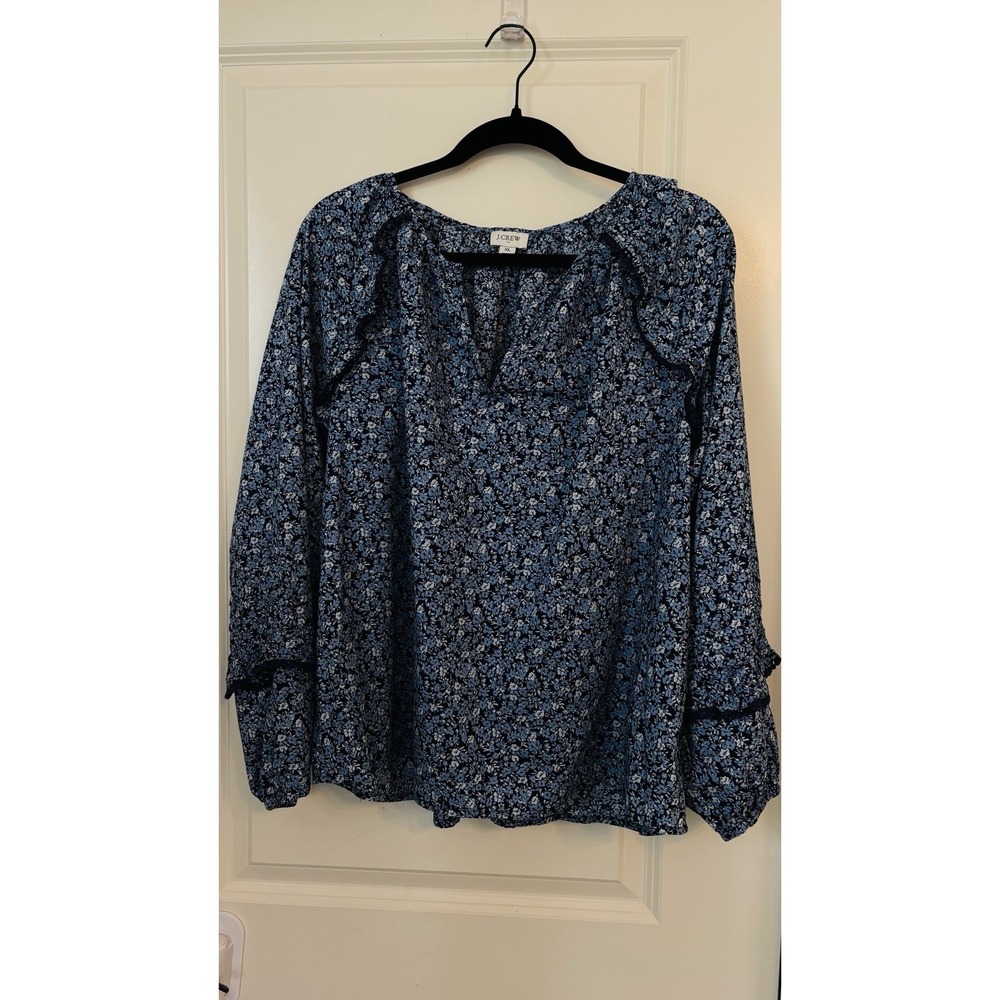 J Crew Blouse XL Ruffle Lightweight Blue Floral 100% Cotton cottage-core